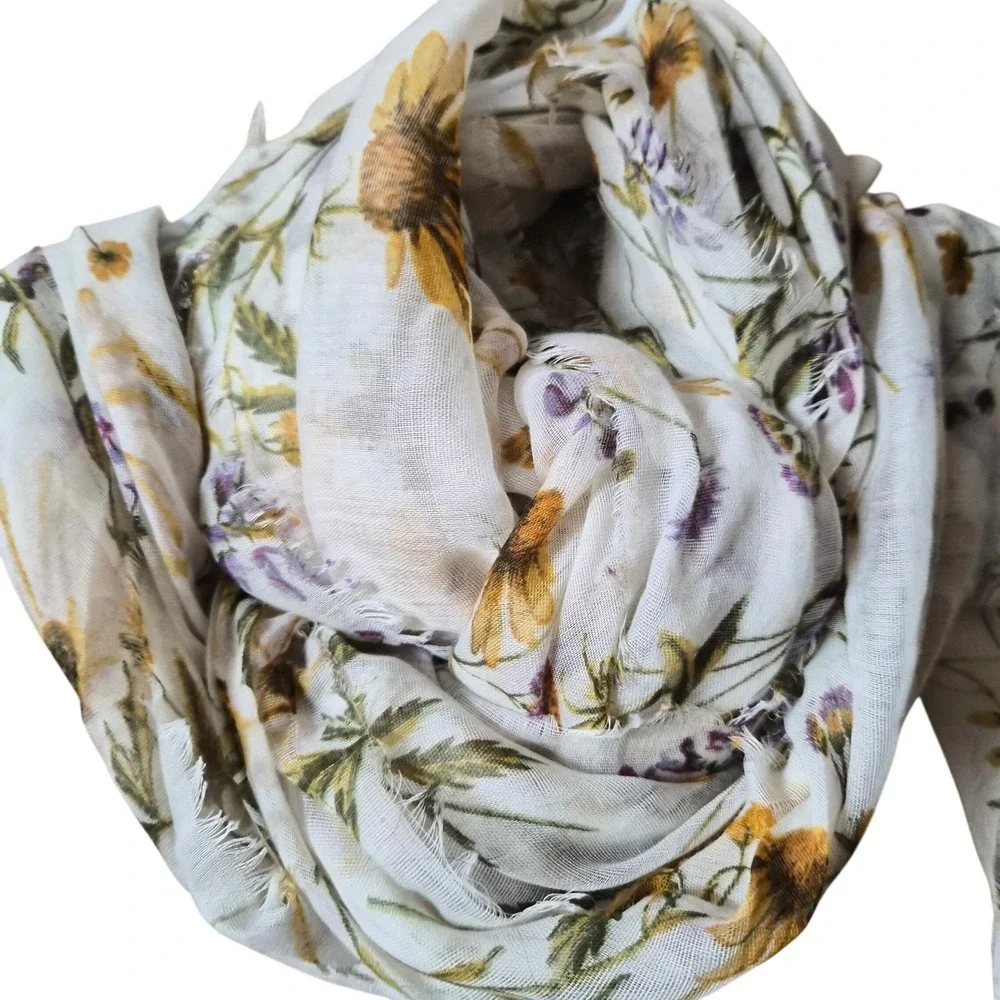 Floral Sunflower Wildflower Print Scarf Lightweight Frayed Edge White Yellow